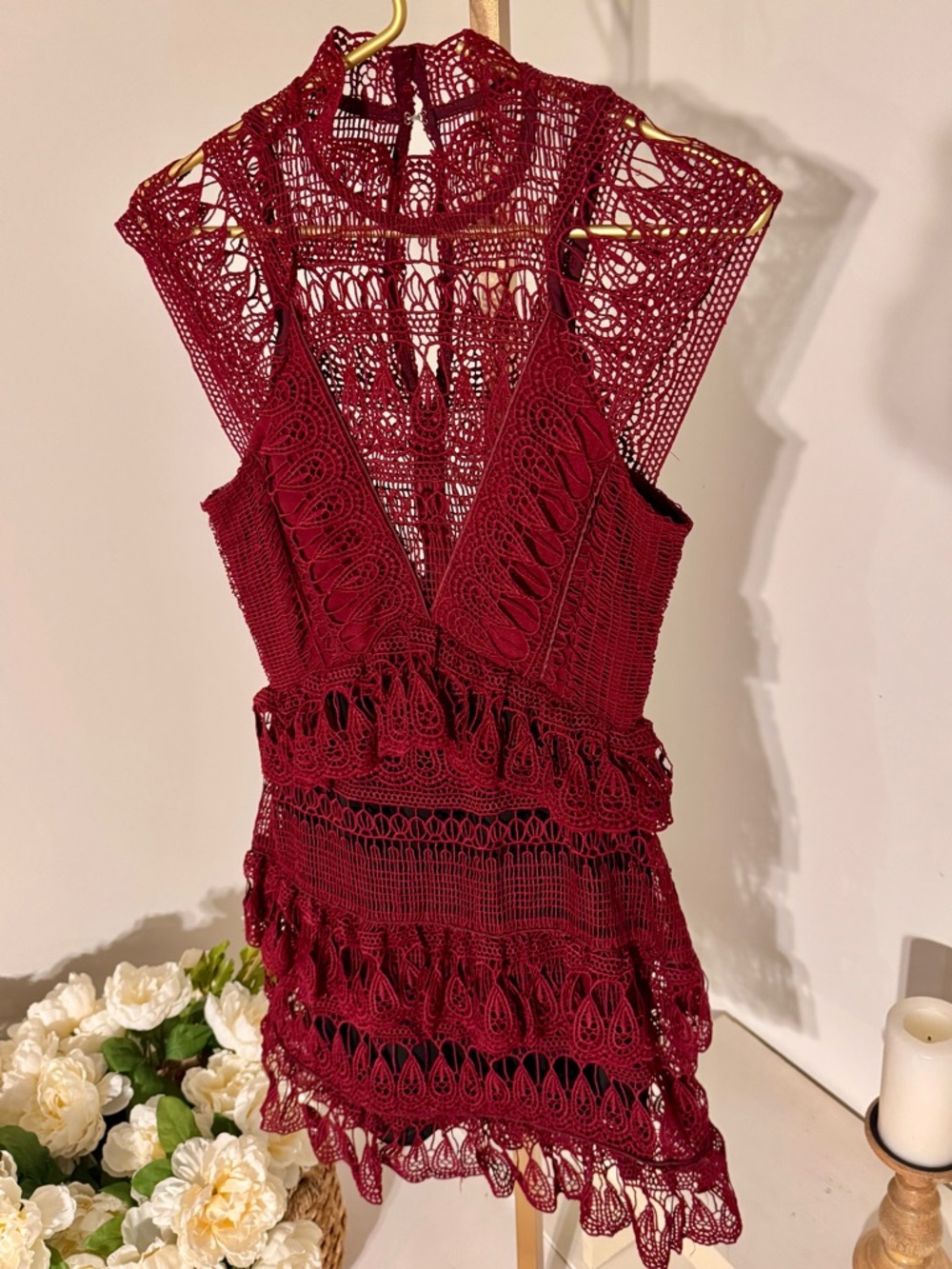 Self-Portrait Burgundy Lace Tiered Mini Dress - Picture 6 of 9